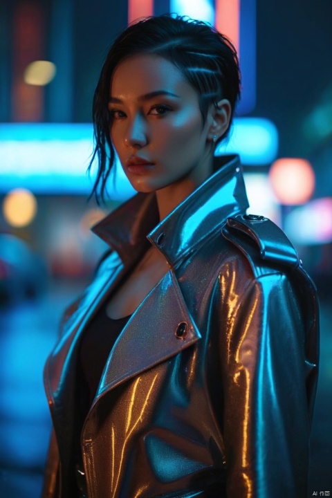 Full body, panoramic view, confident standing, dynamic poses,digital art, futuristic portrait, cyberpunk female character, ((Close_Up)), ((Mysterious_Gaze)), striking features, cybernetic enhancements, augmented reality lenses, glowing tattoos under UV light, leather trench coat with built-in neon piping, high-tech weaponry holster, sleek black hair styled in a futuristic mohawk, urban decay background with holographic billboards, gritty atmosphere, rain-soaked streets reflecting city lights, detailed facial expression conveying confidence and intensity, intricate mechanical arm prosthesis, dynamic pose, vibrant color contrast, intense chiaroscuro lighting, digital makeup effects, 8K resolution, realistic textures, cinematic depth of field, lens distortion, vaporwave accents, echoes of Blade Runner style, edgy yet elegant, gritty cyberpunk realism.