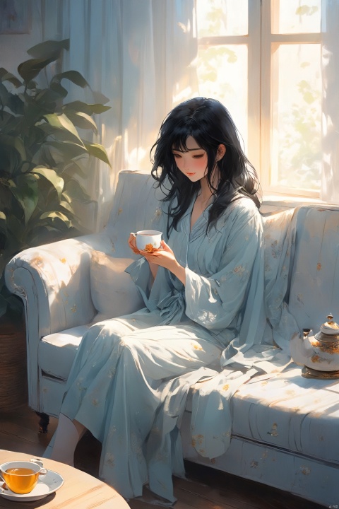  masterpiece,best quality,nanime sytle,full shot,afteroon,in a cozy room,1girl,black hair,pale bule suit,on the sofa,dirnking a tea,the sunlight filtered through the curtains, casting its glow upon her face,foggy,
bailing_darkness, ((poakl)) , graphic
, concept art