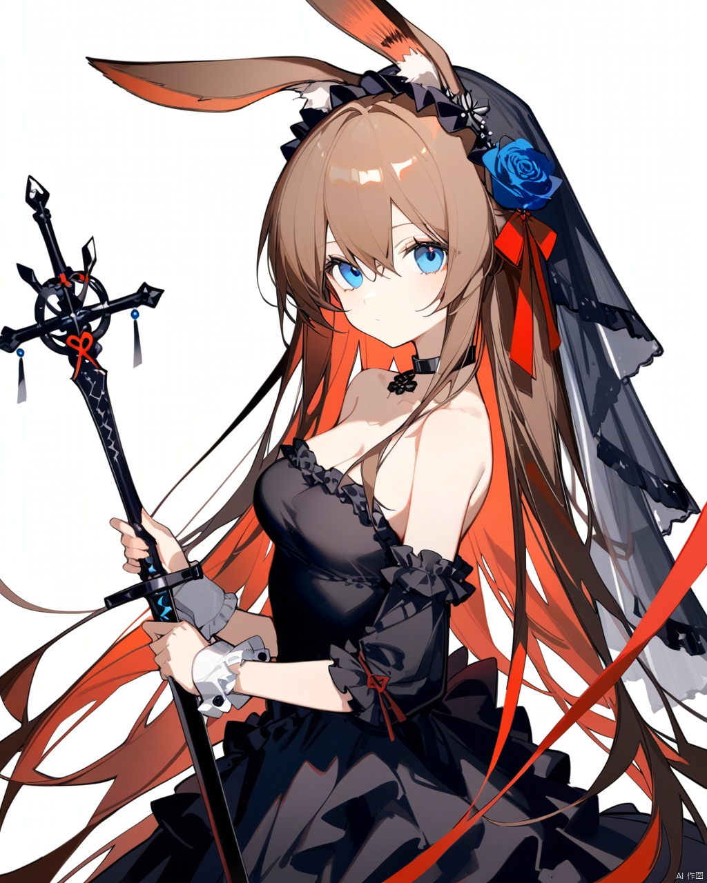  ciloranko, god light, 1girl, animal ears, solo, dress, black dress, blue eyes, amiya (arknights), rabbit ears, long hair, white background, sword, holding, hair ornament, weapon, flower, simple background, looking at viewer, brown hair, breasts, holding sword, hair flower, holding weapon, black flower, red ribbon, veil, bare shoulders, choker, ribbon, medium breasts, bangs, alternate costume, hair between eyes, from side, rose, upper body, strapless, very long hair, hair ribbon, black rose, closed mouth, wrist cuffs, strapless dress, looking to the side, sidelocks, animal ear fluff, rabbit girl, detached sleeves, black choker, frills