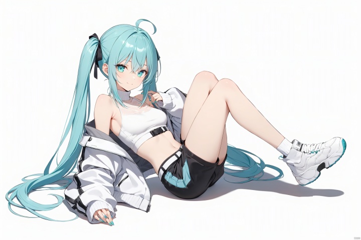  (score_9_up,score_8_up), professional 3d model best quality, girl, solo, long hair, socks, twintails, very long hair, shorts, simple background, white background, sitting, jacket, shoes, sneakers, looking at viewer, shirt, holding, blue eyes, hair between eyes, belt, closed mouth, white shirt, fingernails, blue hair, hair ornament, ribbon, smile, aqua hair, full body, off shoulder,long sleeves, nail polish, turtleneck, crop top, open jacket, hair ribbon, eyelashes, alternate costume, bangs, aqua eyes, see-through, open clothes, midriff, white footwear, frills, sleeveless, bare shoulders, collarbone, sidelocks, from side, looking to the side, ahoge, sleeves past wrists . octane render, highly detailed, volumetric, dramatic lighting