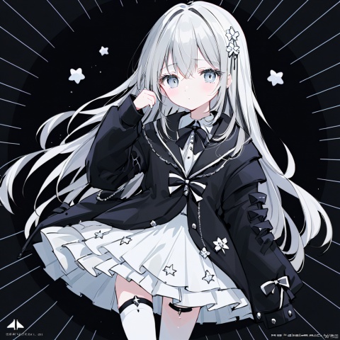  (1girl:0.6), thin, very long hair, black and grey hair, grey eyes, (detailed eyes), small breasts, black coat, white lining, white skirt, socks, closed mouth, (sad), star, Bow head, white flower, (black background), masterpiece, best quality, official art, extremely detailed CG unity 8k wallpaper, cozy anime