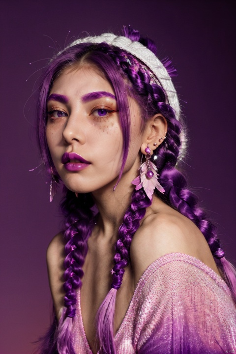  1 girl, long white hair, hat, jewelry, shut up, purple eyes, upper body, purple hair, braids, multi-colored hair, earrings, double braids, sweater, lips, gradient, gradient background, eyelashes, makeup, pink background, portrait, shoulder hair, real, red lips,
