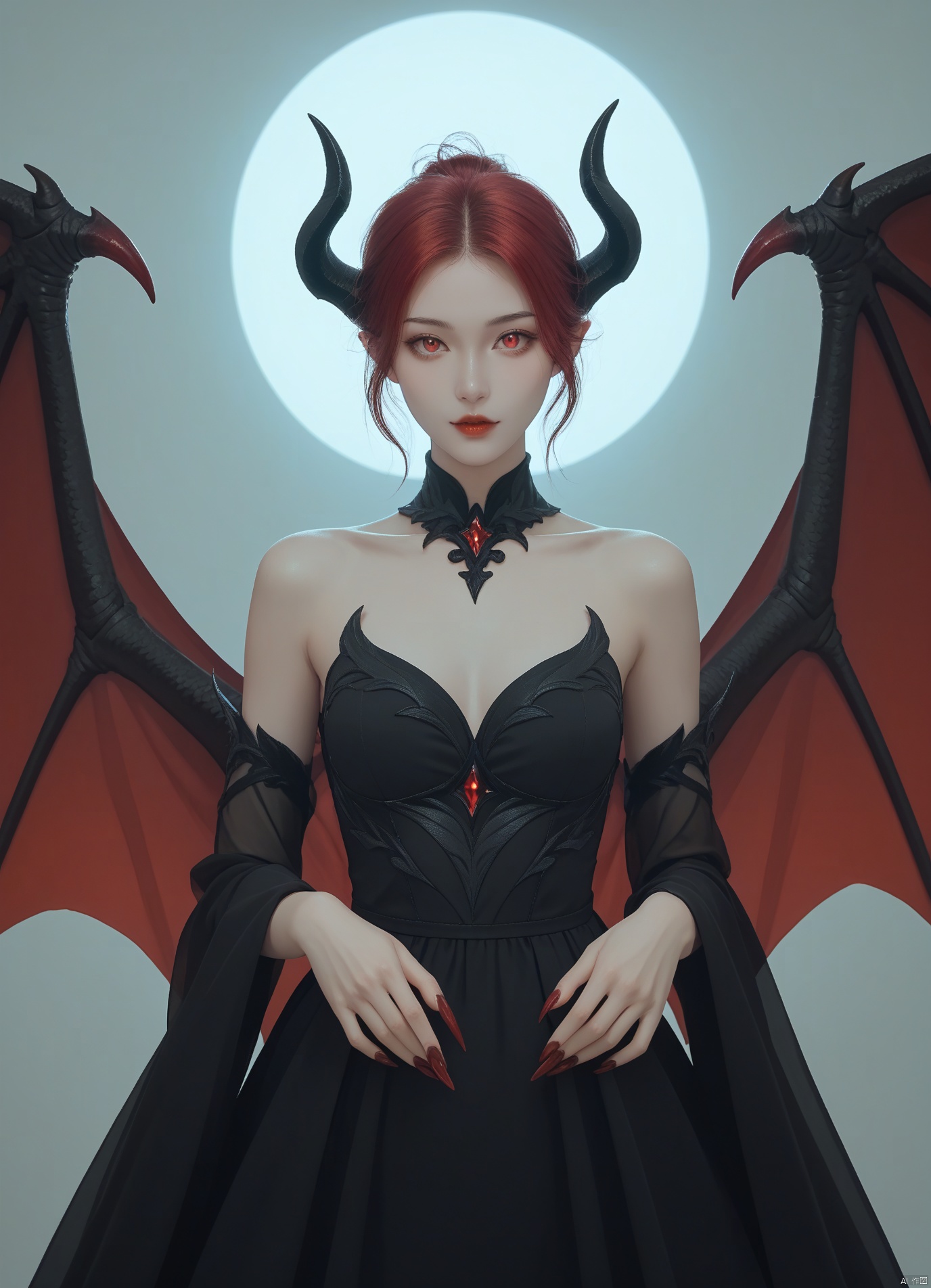 (score_9,score_8_up,score_7_up),1girl, girl demon, red hair, red eyes, wings, claws, black dress, beautiful_face