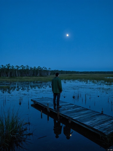 ink splashes, drips, surreal, a man standing on a dock in swampy wetlands, at a distance, moonlit, lonely,
