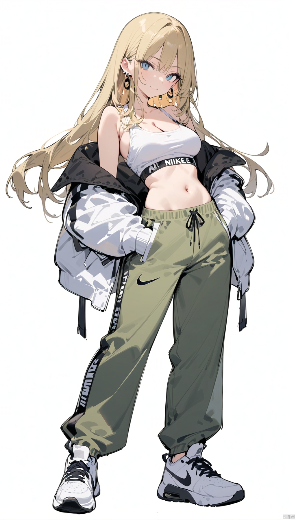  (best quality), ((masterpiece)), (highres), illustration, original, extremely detailed . ooo, 1girl, solo, long hair, breasts, white background, full body, simple background, blonde hair, sneakers, pants, shoes, blue eyes, looking at viewer, navel, white footwear, jewelry, earrings, crop top, off shoulder, midriff, jacket, hands in pockets, bare shoulders, green pants, smile, standing, cleavage, parted lips, open clothes, **** top, medium breasts, collarbone, open jacket, floating hair, nike, white jacket