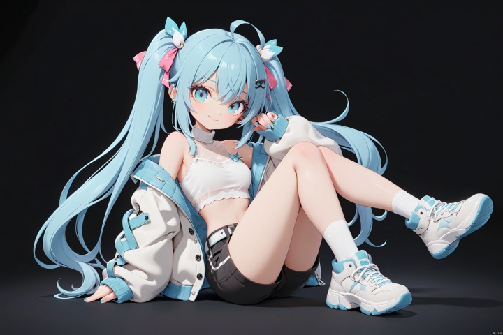  (score_9_up,score_8_up), professional 3d model best quality, girl, solo, long hair, socks, twintails, very long hair, shorts, simple background, white background, sitting, jacket, shoes, sneakers, looking at viewer, shirt, holding, blue eyes, hair between eyes, belt, closed mouth, white shirt, fingernails, blue hair, hair ornament, ribbon, smile, aqua hair, full body, off shoulder,long sleeves, nail polish, turtleneck, crop top, open jacket, hair ribbon, eyelashes, alternate costume, bangs, aqua eyes, see-through, open clothes, midriff, white footwear, frills, sleeveless, bare shoulders, collarbone, sidelocks, from side, looking to the side, ahoge, sleeves past wrists . octane render, highly detailed, volumetric, dramatic lighting