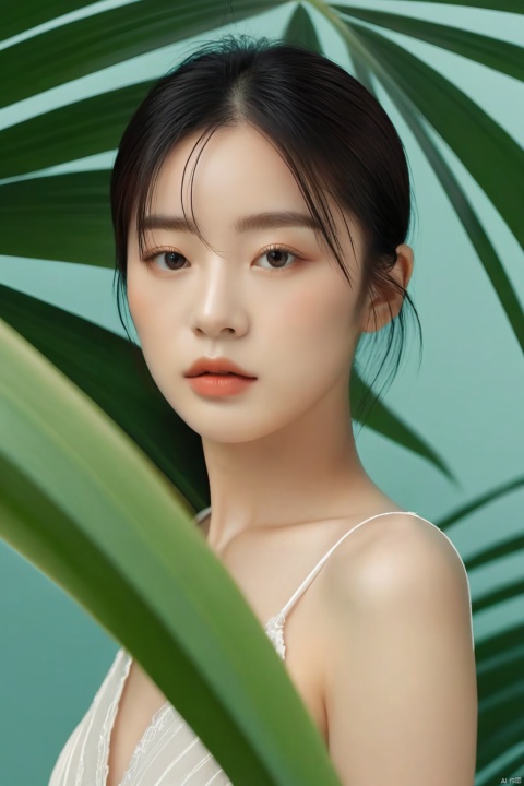  a woman standing in front of a palm leaf, a picture, inspired by Li Fangying, jinyoung shin aesthetic, editorial footage, avatar image, lovely delicate face, beauty retouch, very very very realistic,