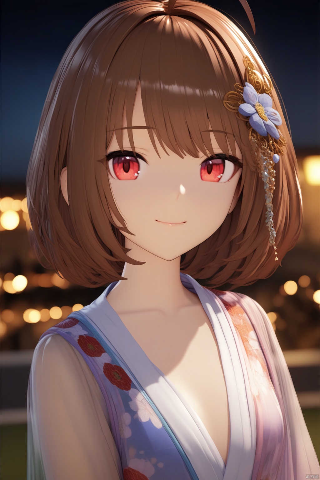  (masterpiece),(best quality),illustration,ultra detailed,hdr,Depth of field,(colorful),mmd,night,1girl,solo,red eyes,looking at viewer,hair ornament,short hair,upper body,brown hair,blurry,ahoge,bangs,see-through,depth of field,hanfu,smile,floral print,closed mouth,