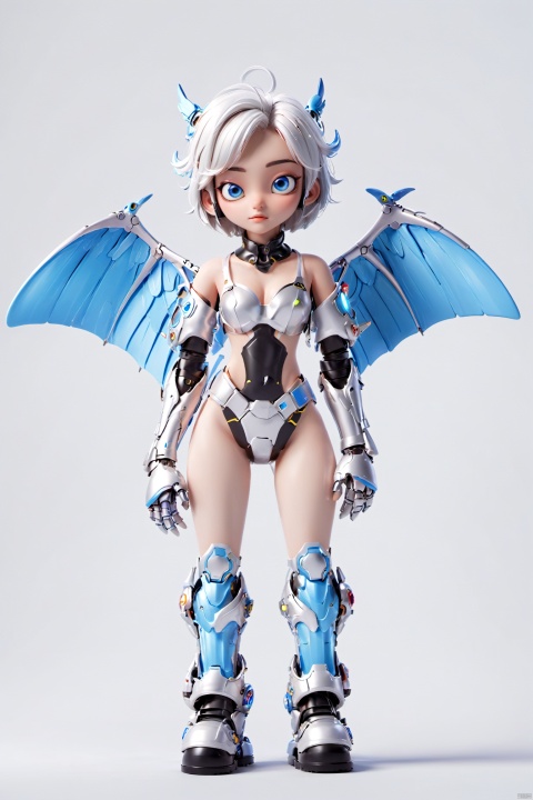  robot girl, 1girl, solo, wings,mecha musume, mechanical wings, white hair, full body, looking at viewer, heterochromia, science fiction,breasts, blue eyes, robot joints, bodysuit, joints, feathered wings, medium breasts, closed mouth, white background, standing, android, Tai