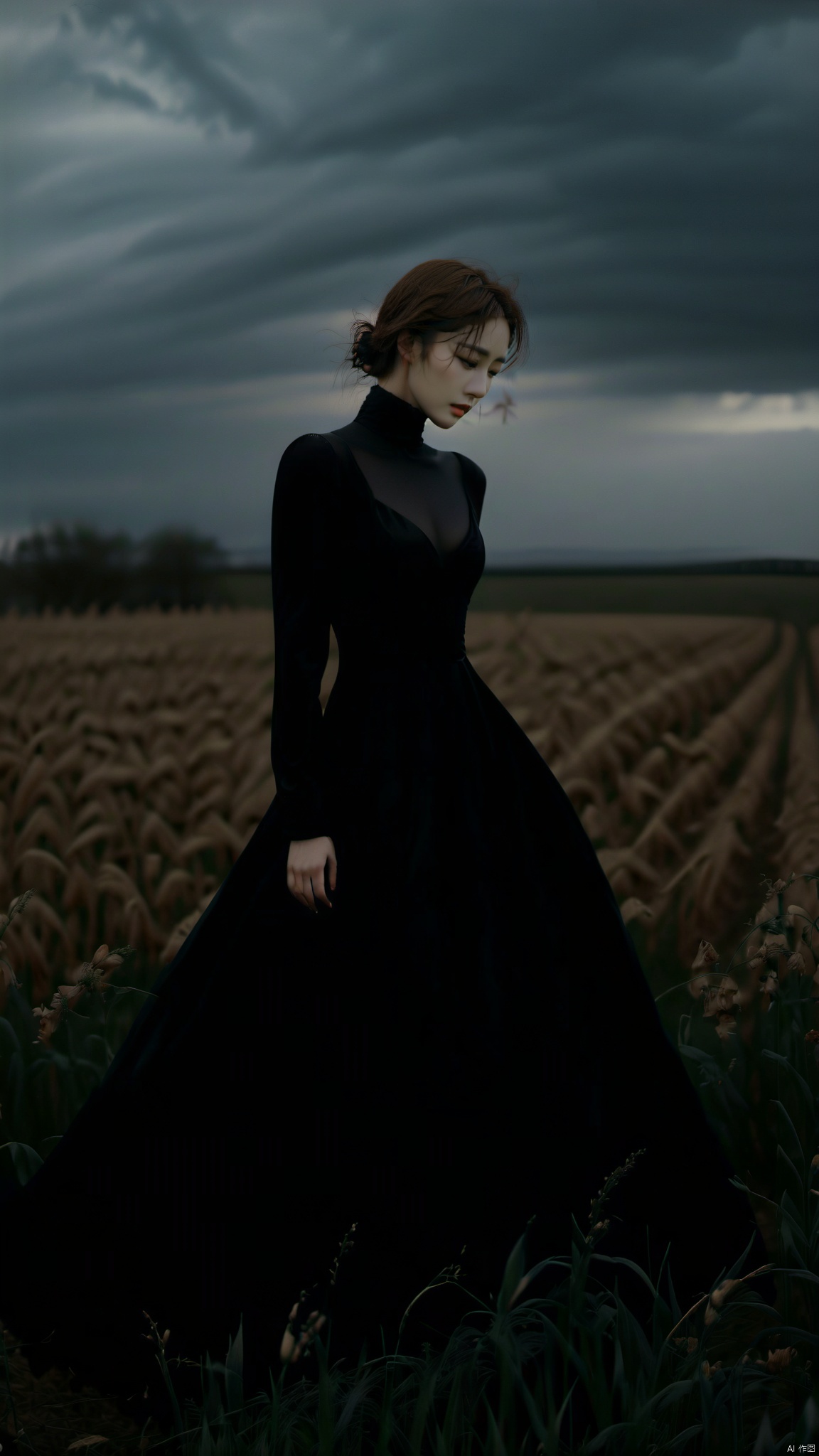  elegant woman in a black evening gown standing in a field, overcast sky, dusk, solitary and mysterious atmosphere, graceful yet melancholic posture, high-quality digital photography, soft lighting, outdoor, natural landscape, dramatic, emotional tension, best quality, ultra highres, original, extremely detailed, perfect lighting