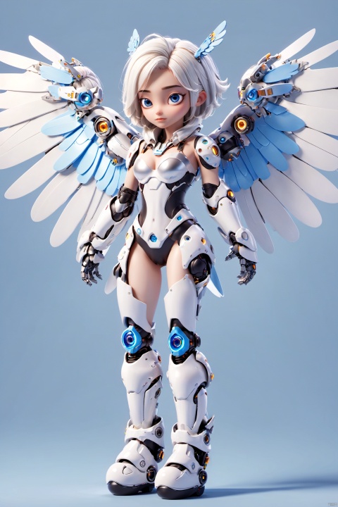  robot girl, 1girl, solo, wings,mecha musume, mechanical wings, white hair, full body, looking at viewer, heterochromia, science fiction,breasts, blue eyes, robot joints, bodysuit, joints, feathered wings, medium breasts, closed mouth, white background, standing, android