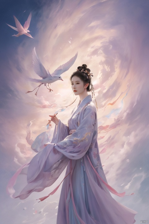 ethereal fantasy concept art of The woman in hanfu. magnificent,celestial,ethereal,painterly,epic,majestic,magical,fantasy art,cover art,dreamy,elegant,cinematic,saturated colors,ambient dramatic atmosphere,sharp focus,extremely detailed,fine detail,stunning composition,creative,colorful,complex,magic,full color,intricate,Seven colored clouds,Look in the camera,nvwa,Face up,