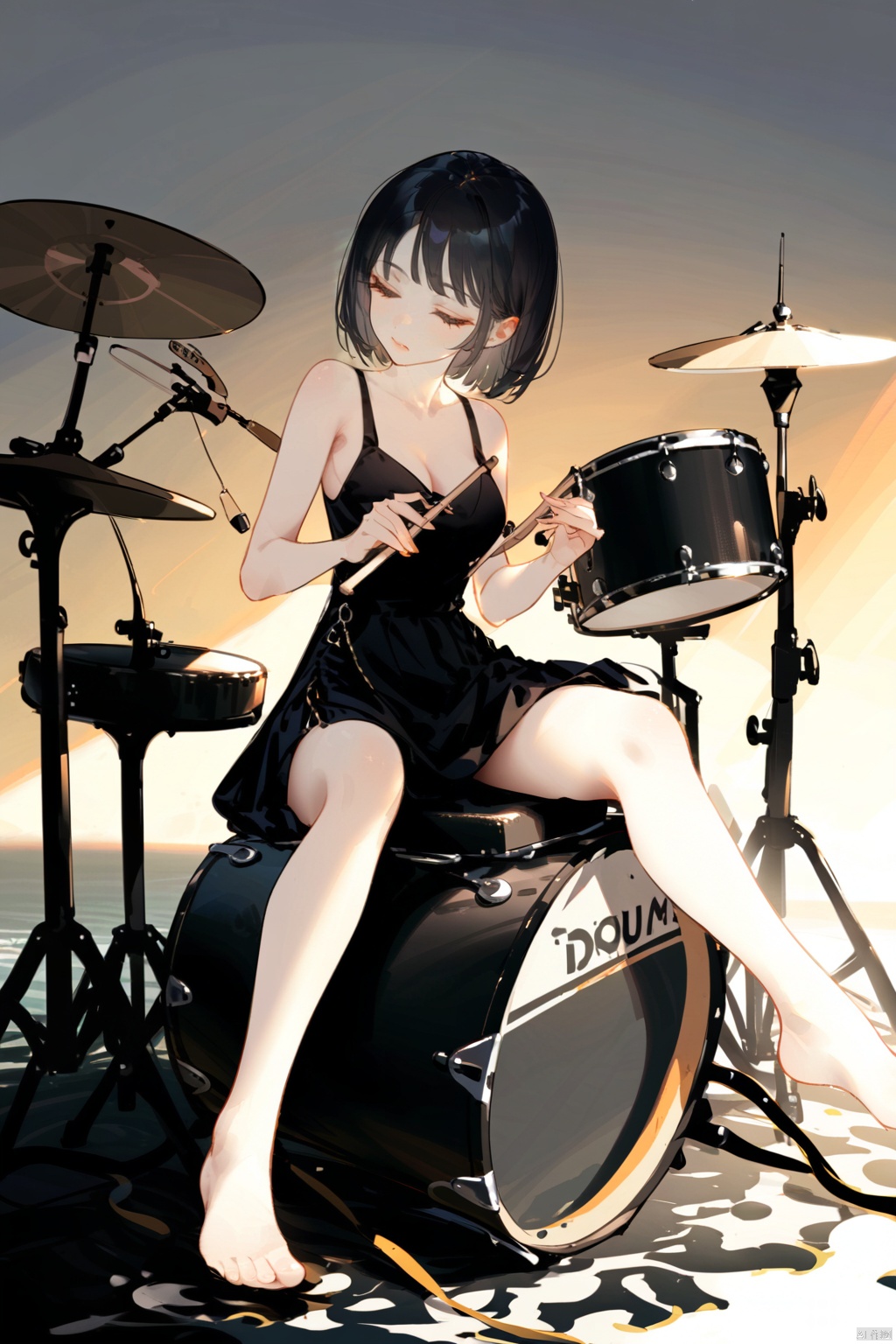  1girl, solo, short hair, black hair, dress, holding, bare shoulders, sitting, closed eyes, barefoot, water, black dress, english text, instrument, playing instrument, drum, drumsticks, drum set, backlight, colors