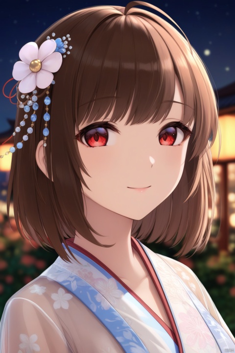  (masterpiece),(best quality),illustration,ultra detailed,hdr,Depth of field,(colorful),mmd,night,1girl,solo,red eyes,looking at viewer,hair ornament,short hair,upper body,brown hair,blurry,ahoge,bangs,see-through,depth of field,hanfu,smile,floral print,closed mouth,