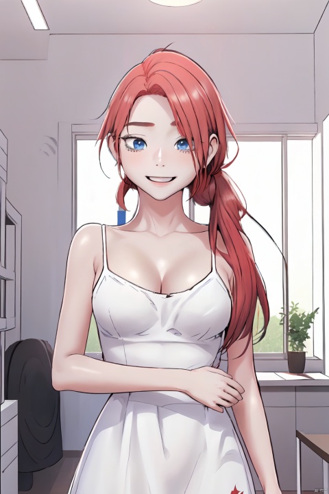  (1girl),thin,(very Long hair),(red_hair),(((Low Ponytail))),((blue eyes)),smile,small breast, print dress,((white dress)),☁️ dress,masterpiece,best quality,official art,extremely detailed CG unity 8k wallpaper,cleavage,ahoge,
