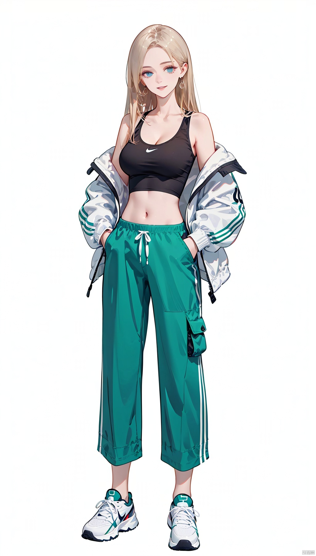  (best quality), ((masterpiece)), (highres), illustration, original, extremely detailed . ooo, 1girl, solo, long hair, breasts, white background, full body, simple background, blonde hair, sneakers, pants, shoes, blue eyes, looking at viewer, navel, white footwear, jewelry, earrings, crop top, off shoulder, midriff, jacket, hands in pockets, bare shoulders, green pants, smile, standing, cleavage, parted lips, open clothes, **** top, medium breasts, collarbone, open jacket, floating hair, nike, white jacket