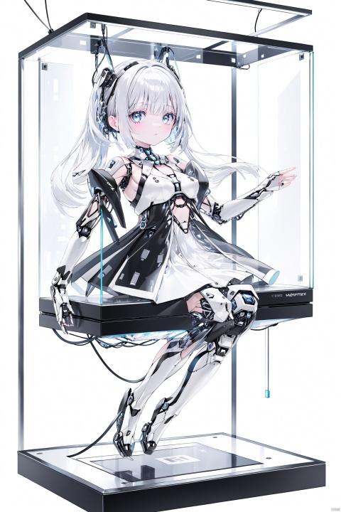  A robot girl suspended inside a glass computer case.