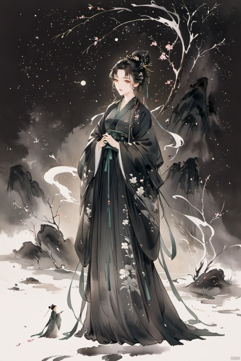  realistic,Best quality, 8k, cg,high definition,black_background,light,starry_background, naturalistic rendering, traditional chinese ink painting,figure, mw_sanshitu,three view,full body, keai, fangao, guzhuang, ink wash painting, (\shen ming shao nv\)