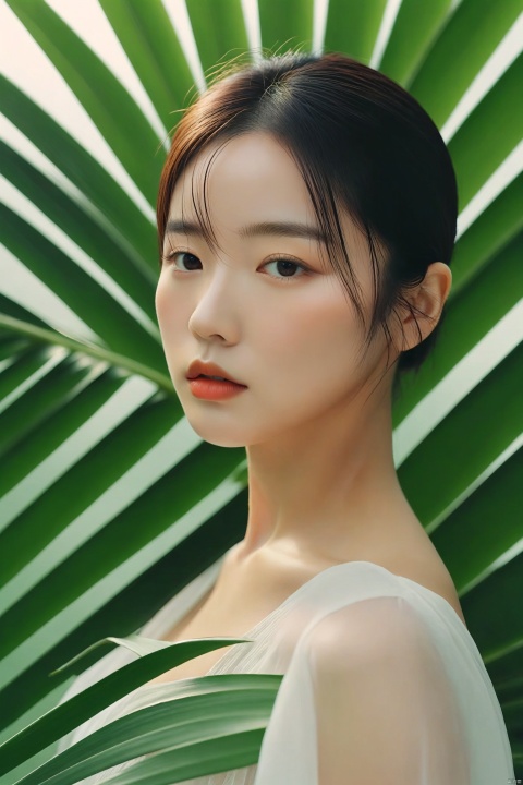  a woman standing in front of a palm leaf, a picture, inspired by Li Fangying, jinyoung shin aesthetic, editorial footage, avatar image, lovely delicate face, beauty retouch, very very very realistic,