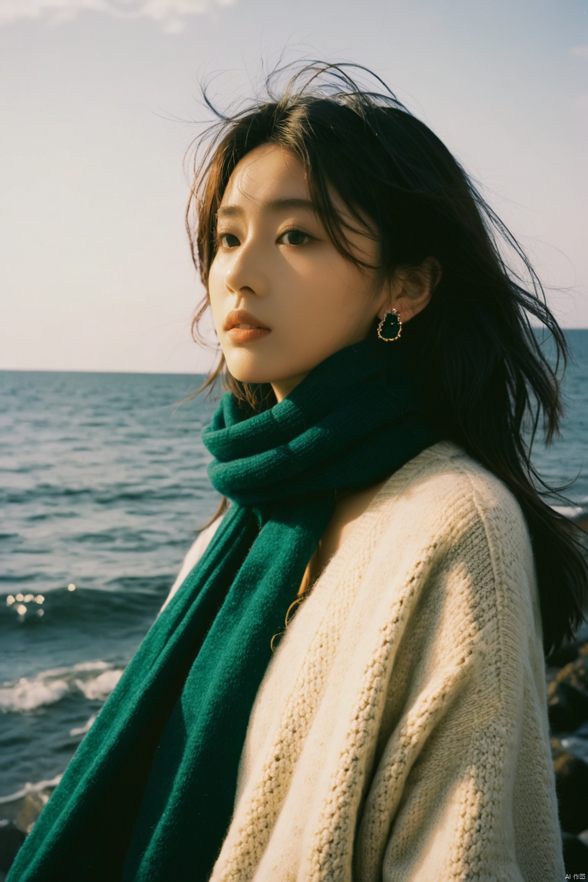  8K,raw,from below,1gril,solo,earrings,(full body:1.3),standing,long legs,sweater,Dark green scarf,sea,The glimmer of the sea,KODAK Ektar 100,(Film grain:1.2),light particles,looking at viewer,