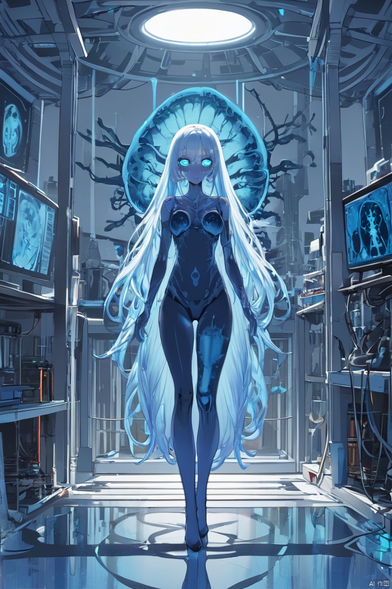  (((masterpiece, best quality))), ((good structure, Good composition, good atomy)), ((clear, original, beautiful)),,1girl,long hair,fantasy,xray girl,blue theme,Tech Lab,