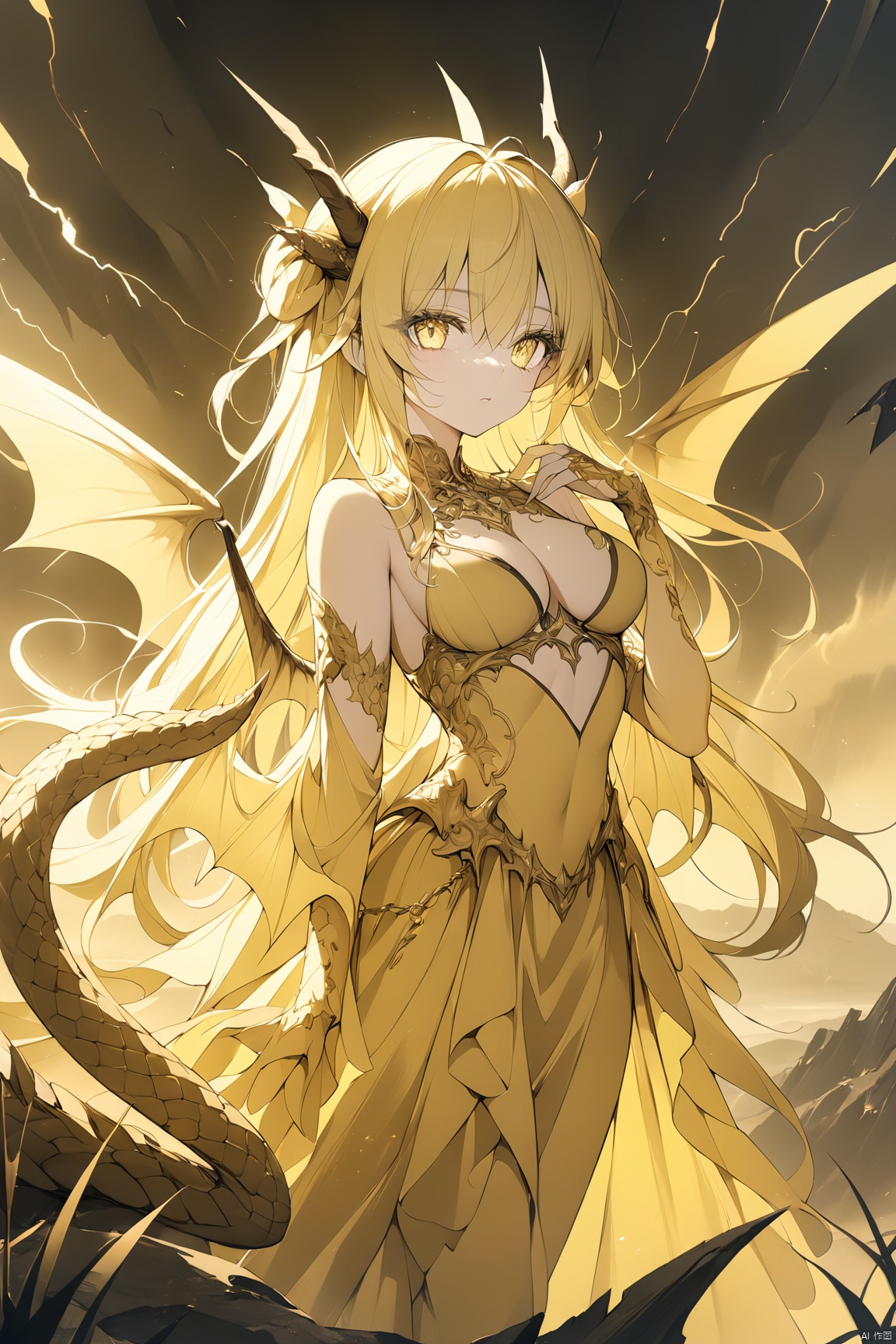  (anime art: 1.21), (dragon: 1.1), (dragon in background: 1.21), 1girl with wings on back, looking at viwer, snake eyes, (yellow theme: 1.5), (monochrome: 1.1), (ethereal beauty: 1.4), (captivating lighting: 1.2), (ethereal aura: 1.3), (mysterious ambiance: 1.2), (thunder in the distance: 1.2), (fantasy art: 1.3), (ethereal scene: 1.3), , masterpiece,best quality,8k,insane details,intricate details,high detail,((masterpiece)), ((best quality))