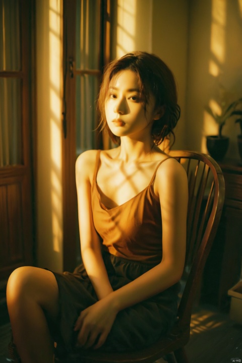  best quality,film grain,1girl, candlelight, moody lighting, dark atmosphere, black tank top, seated, wooden chair, contemplative expression, indoors, night, shadows, window blinds, soft focus, warm color tones, vintage look, young *****, serene, elegant, mysterious, angle fisheye, Professional