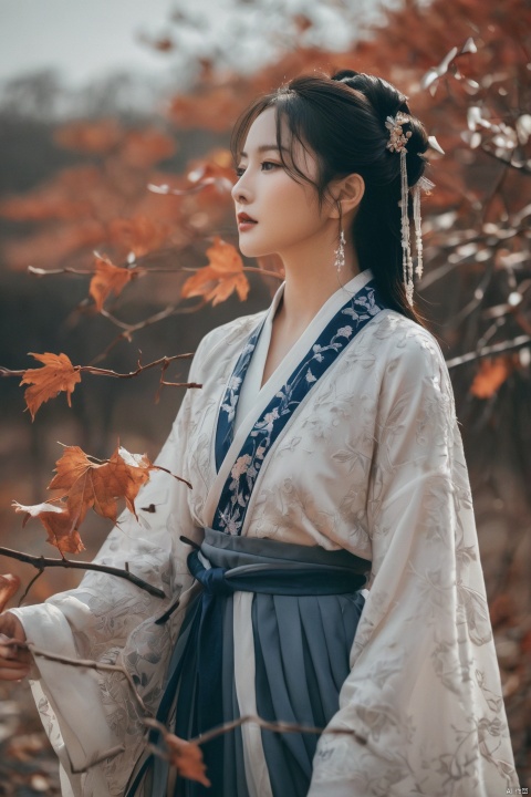  Fashion editorial style a asian girl with hanfu ruqun,Jin style, joint brand, ribbon, Withered leaves, old vines, plant illustration, splash ink,High fashion, trendy, stylish, editorial, magazine style, professional, highly detailed, cinematic lighting, Dramatic lighting