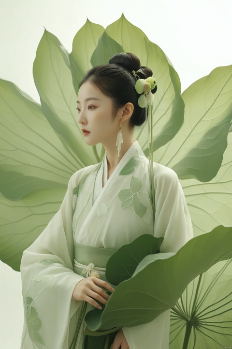  Ancient Chinese Beauty, wearing Hanfu, standing by one enormous lotus leave with intricate patterns, median transparent/translucent lotus leave, soft glow, in the style of Albert Watson, minimalism, light emerald and white, simple white background, surrealist, feminine sensibilities, sunlight, monkren,,