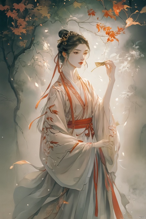  Fashion editorial style a asian girl with hanfu ruqun,Jin style, joint brand, ribbon, Withered leaves, old vines, plant illustration, splash ink,High fashion, trendy, stylish, editorial, magazine style, professional, highly detailed, cinematic lighting, Dramatic lighting, concept art, shanhaijing