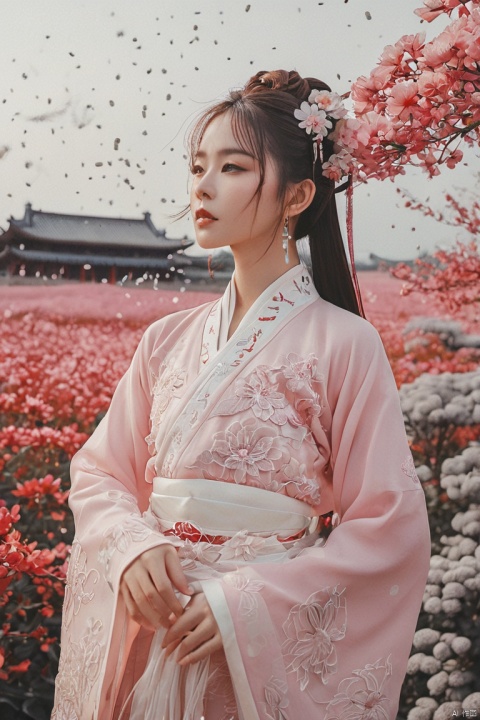  film grain analog photography,, 1girl, solo, hanfu, ancient_chinese_architecture, flower field, blossom, (white smoke:1.3) (photorealistic:1.4), zentangle, mandala, entangle, official art, unity 8k wallpaper, ultra detailed, beautiful and aesthetic, masterpiece,best quality, (dynamic angle:1.4), glowing skin, (floating colorful sparkles:1) the most beautiful form of chaos, elegant, a brutalist designed, vivid colours, romanticism depth of field exotic_dance pink hair