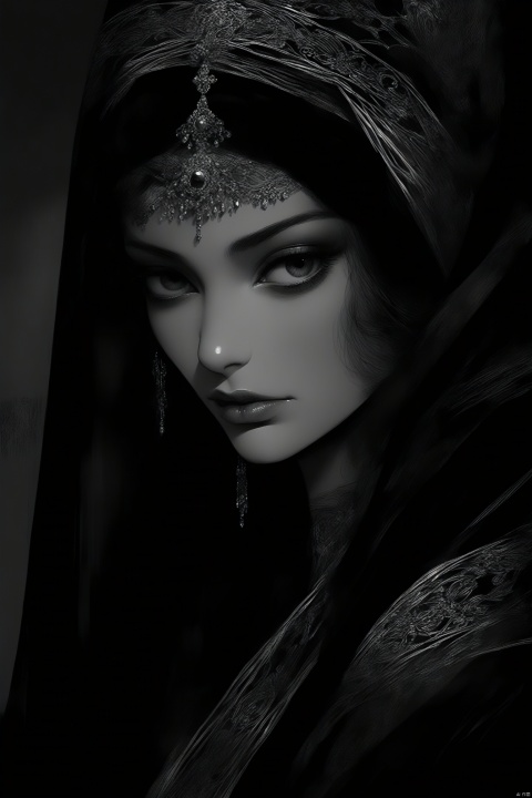  best quality,line art,line style,
the essence of a woman's face,partially obscured by a black veil. Her eyes,the windows to her soul,are the focal point of this image. They are large and expressive,framed by thick,dark eyelashes that add depth and intensity to her gaze. The veil,draped over her head and covering her mouth,adds an air of mystery and intrigue. A decorative headpiece adorns her forehead,its intricate design adding a touch of elegance and cultural significance. The background is a stark black,providing a stark contrast that accentuates the details of her face and the veil.The woman's position relative to the background suggests she is standing in front of it. The photograph beautifully encapsulates a moment of quiet contemplation and cultural richness., as style, concept art