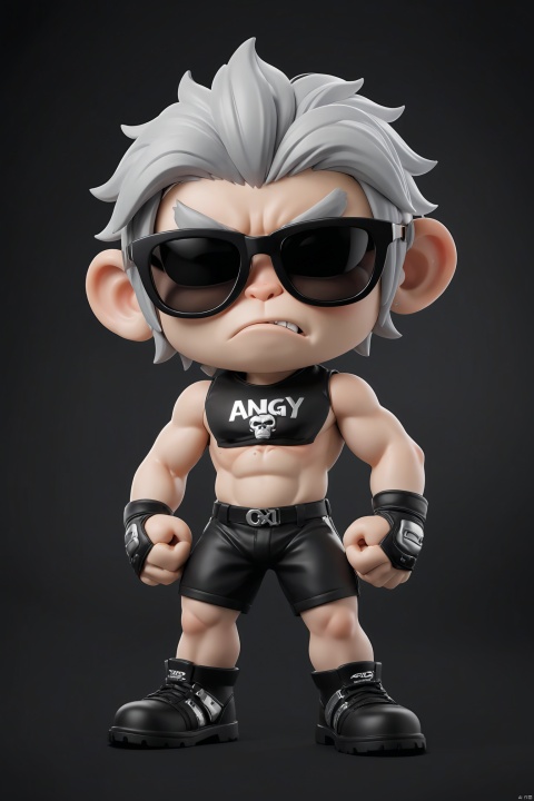 (best quality, 8K, high resolution, masterpiece), ultra detailed, (3D CGI), black sunglasses, trendy, fashionable, silver and black stylized angry muscle monkey on a black background, countryside advertising, winning photo,chibi,