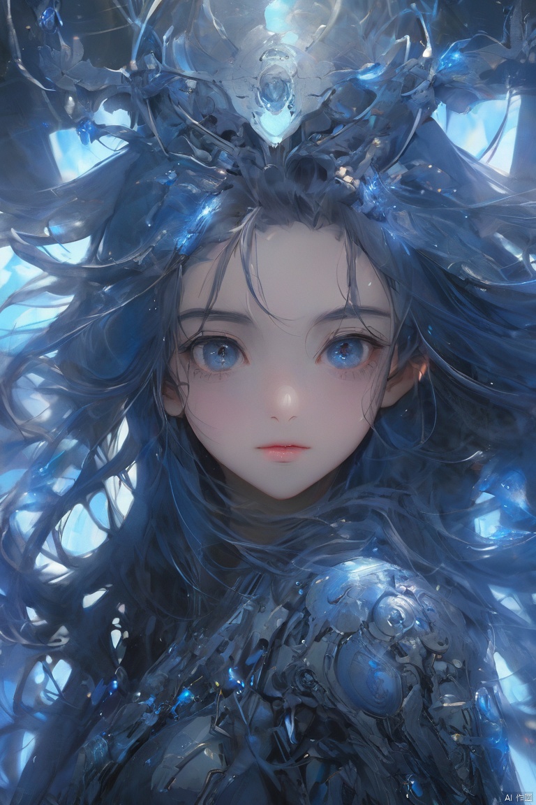  (((masterpiece, best quality))), ((good structure, Good composition, good atomy)), ((clear, original, beautiful)),,1girl,long hair,fantasy,xray girl,blue theme,Tech Lab, concept art