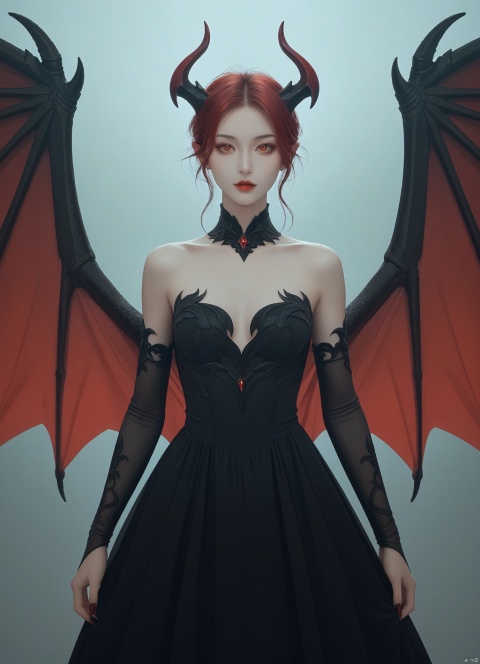 (score_9,score_8_up,score_7_up),1girl, girl demon, red hair, red eyes, wings, claws, black dress, beautiful_face