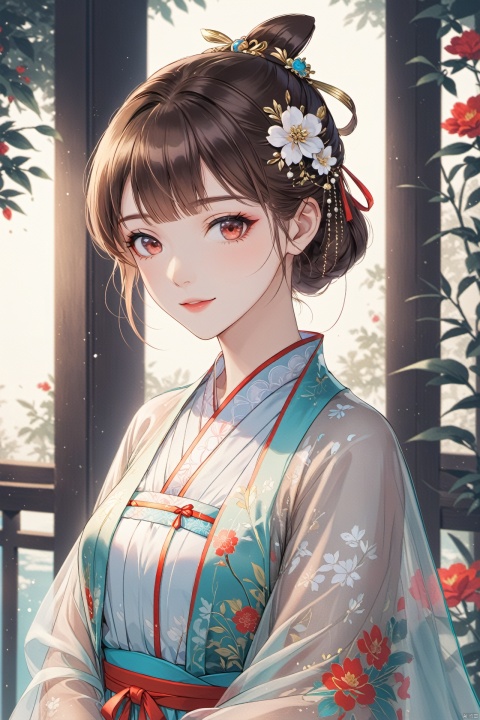  (masterpiece),(best quality),illustration,ultra detailed,hdr,Depth of field,(colorful),(chromatic aberration),mmd,1girl,solo,red eyes,looking at viewer,hair ornament,short hair,upper body,brown hair,blurry,ahoge,bangs,chinese clothes,see-through,depth of field,hanfu,smile,floral print,closed mouth,