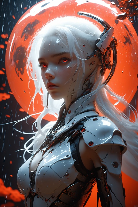 ral-rndrps,A stunning broken cyborg woman, a smooth biomechanical body, and intricate detail. Raindrops cover her skin, adding to the realism. She has long white hair (1.15) and small breasts, adorned in  armor. The scene is set in a sci-fi, cyberpunk world,  an epic feel. The lighting is dramatic and cinematic,red eye,wind,evaporation,red reflection,red night,wind ,storm,dark beautiful sky,after,image,cloud,explosion,Lots of meteorite flying,torrential rain,Meteorite falling vertically.,(Bullets flying around:1.25),Cracked glass