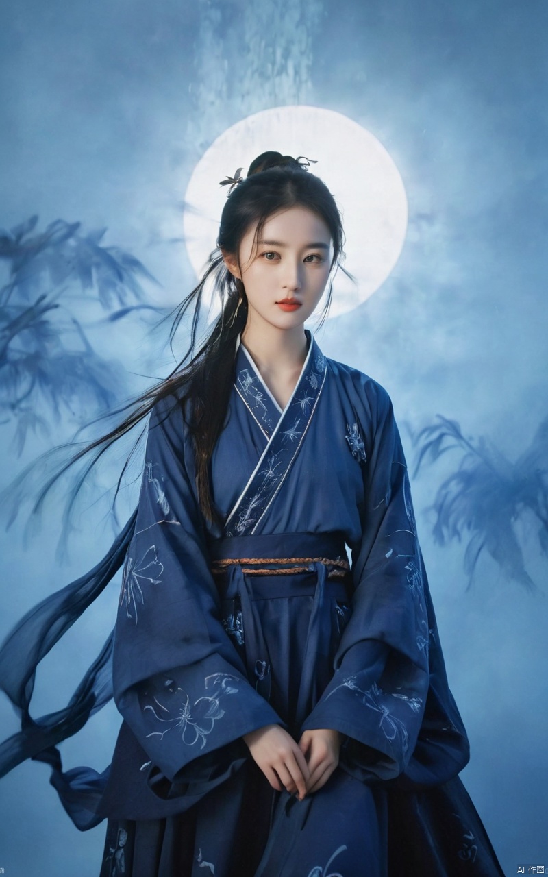  (abstract art:1.4), masterpiece, best quality, ultra high res, beautiful, visually stunning, (1girl:1.3), (dark blue theme:1.2), deep blue, cowboy shot,girl,wuxia,Chinese style,(Small chest:0.75),niji, sunlight, monkren, liuyifei