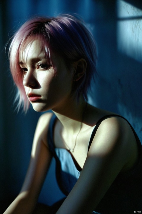  depressed, portrait of 1girl by Bill Henson, depressed, ruins, shadows, dramatic lighting, sunset, contemporary, dark, expressionism, dystopia, industrial,Half bodysliver gradient Short hair,(sliver hair:1.1),(light blue hair:1.1),(pink hair:1.2), hubg_jsnh, sunlight, monkren