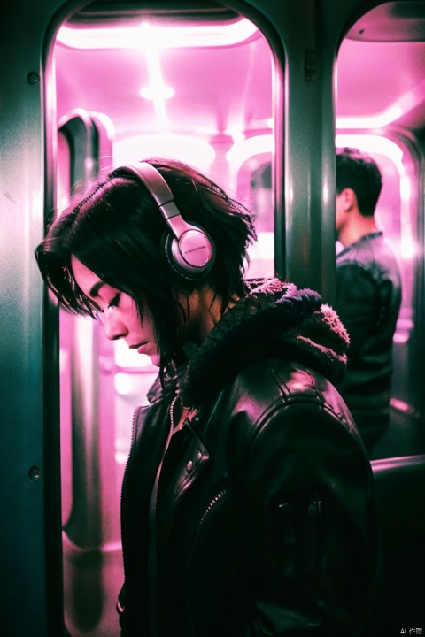  1girl leans against the door of a train, his eyes closed as he listens to music through his headphones,(The train is passing through a city at night), and the city lights flicker in the window behind him,his face is serene, a contrast to the bustling world outside,The scene captures a moment of personal tranquility amidst the urban chaos,(close up),dark lighting,cyberpunk,HUBG_Film_Texture,plns