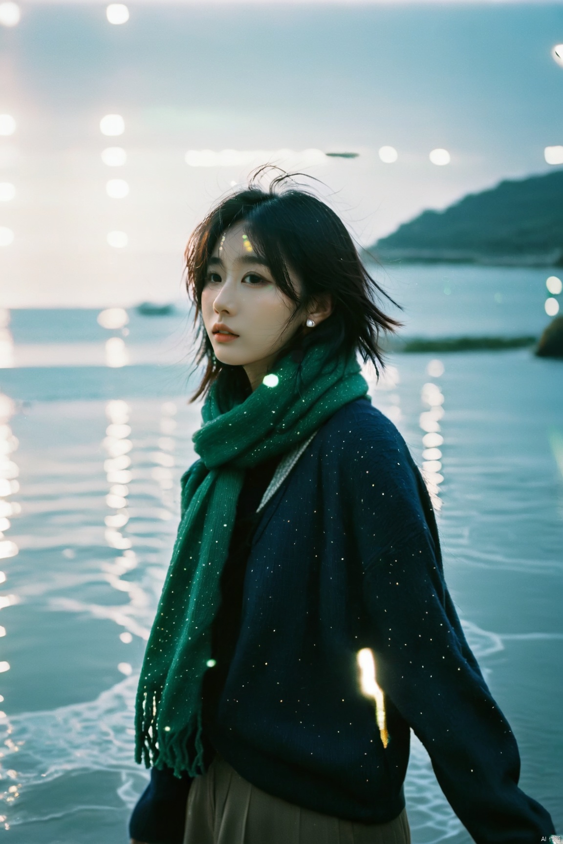  8K,raw,from below,1gril,solo,earrings,(full body:1.3),standing,long legs,sweater,Dark green scarf,sea,The glimmer of the sea,KODAK Ektar 100,(Film grain:1.2),light particles,looking at viewer, 1girl, liuyifei