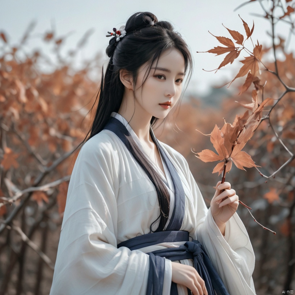  Fashion editorial style a asian girl with hanfu ruqun,Jin style, joint brand, ribbon, Withered leaves, old vines, plant illustration, splash ink,High fashion, trendy, stylish, editorial, magazine style, professional, highly detailed, cinematic lighting, Dramatic lighting, liuyifei