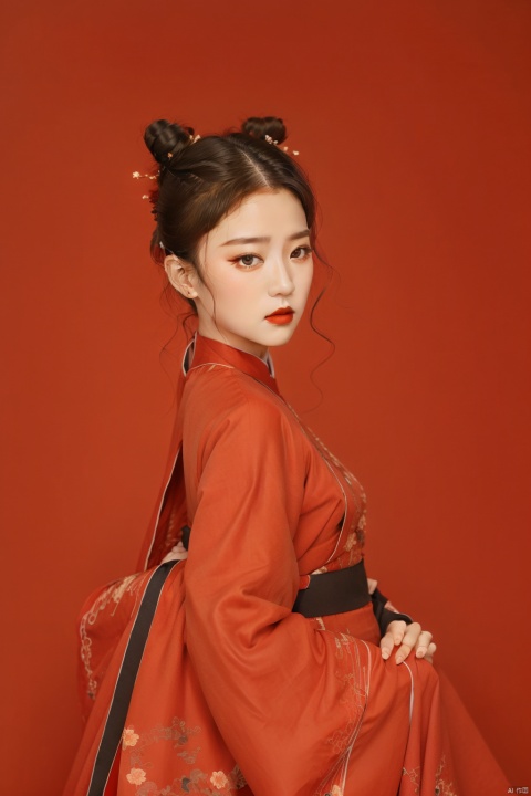 1girl,solo,red dress,black hair,long sleeves,red theme,standing,hanfu,hairbun,, chinared