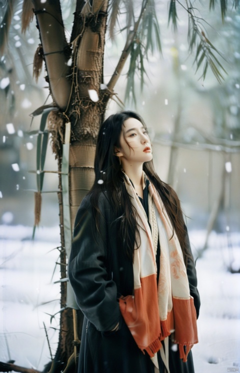  a woman standing in the snow with a scarf,album cover,forest in background,atmospheric and depressed,film,longcoat,best shot, reality,analog film photo,faded film,desaturated,35mm photo,grainy,vignette,vintage,Kodachrome,Lomography,stained,highly, realistic, liuyifei