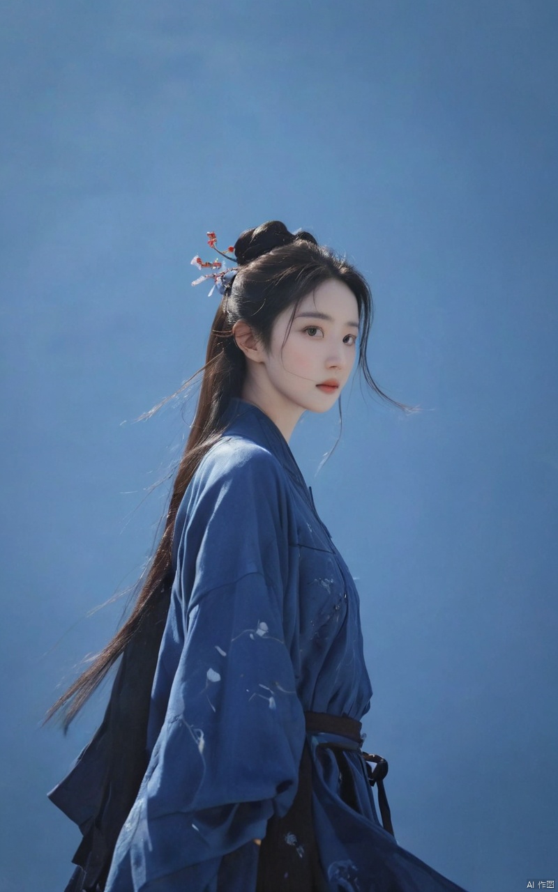  (abstract art:1.4), masterpiece, best quality, ultra high res, beautiful, visually stunning, (1girl:1.3), (dark blue theme:1.2), deep blue, cowboy shot,girl,wuxia,Chinese style,(Small chest:0.75),niji, sunlight, monkren, liuyifei