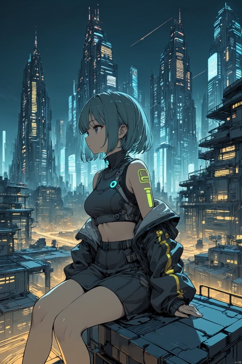  1girl,upper body,cyberpunk,future city,night,sitting on the roof,beautiful,masterpiece,extremely detailed,best quality,very aesthetic, line art, as style.line style,