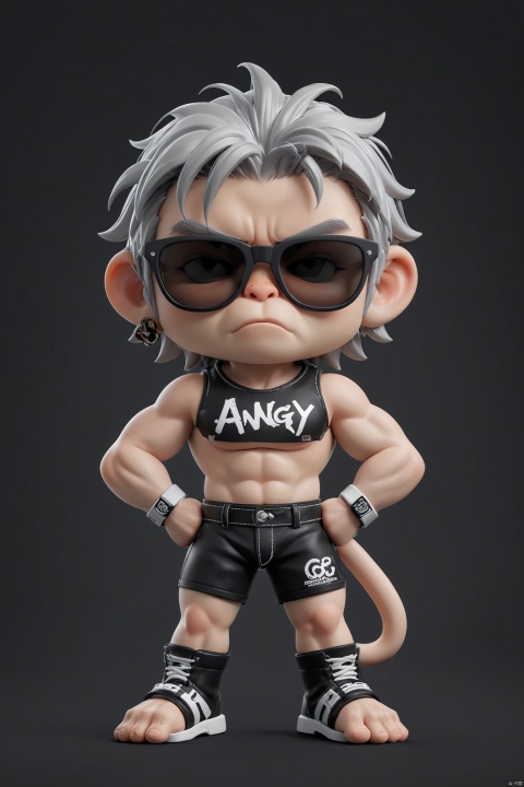 (best quality, 8K, high resolution, masterpiece), ultra detailed, (3D CGI), black sunglasses, trendy, fashionable, silver and black stylized angry muscle monkey on a black background, countryside advertising, winning photo,chibi,