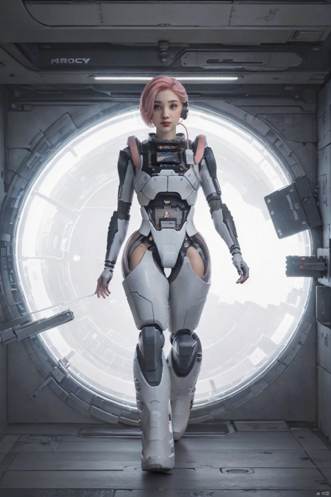  (best quality), (masterpiece), (highres),epic scenes, impactful visuals,senseofspace,(sciencefiction:1.3),lida, 1girl, solo, looking at viewer, short hair, standing, full body, pink hair, fingerless gloves, armor, hair over one eye, lips, bodysuit, joints, cable, cyborg, robot joints, barcode, cyberpunk
, Disney