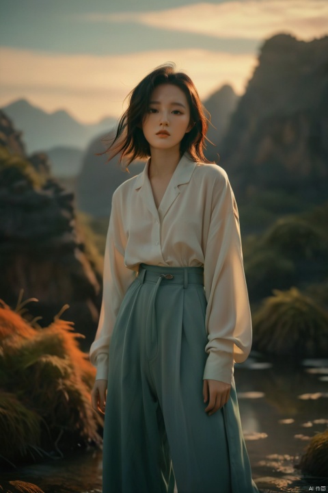  1 young chinese woman oversized pants gradient dream-like,eerie,ethereal,landscapes,magic,photography,photography-color,shallow-depth-of-field by TJ Drysdale Charles Robinson,