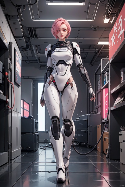  (best quality), (masterpiece), (highres),epic scenes, impactful visuals,senseofspace,(sciencefiction:1.3),lida, 1girl, solo, looking at viewer, short hair, standing, full body, pink hair, fingerless gloves, armor, hair over one eye, lips, bodysuit, joints, cable, cyborg, robot joints, barcode, cyberpunk
